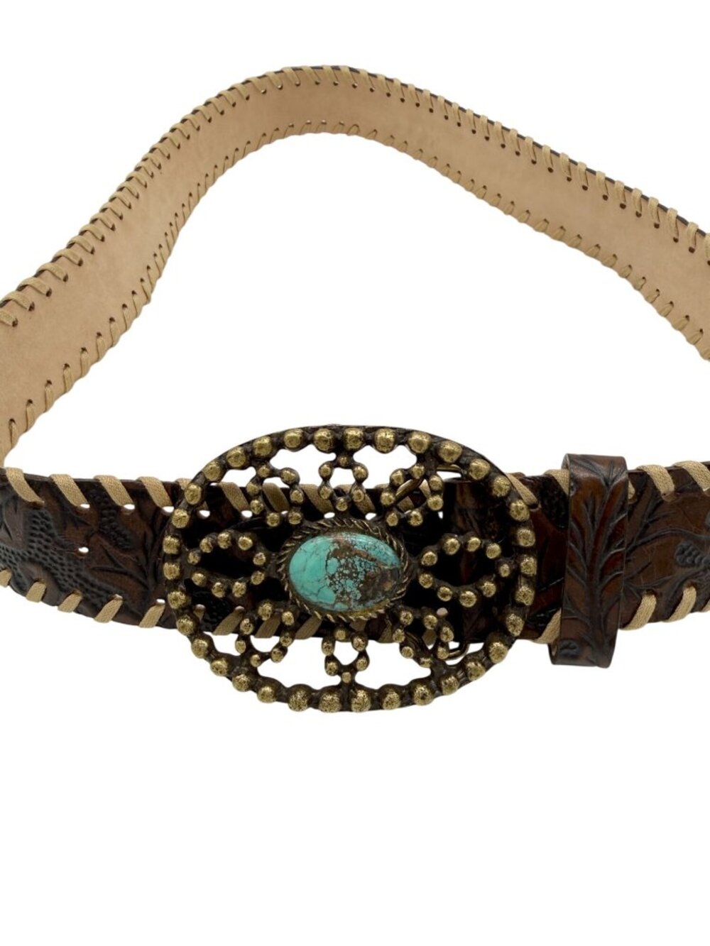 Brown Embossed leather belt Ornate brass buckle turquoise stone - S